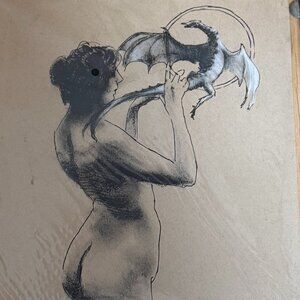 Original Art Ink Charcoal Mixed Media Drawing Woman Dragon Fantasy Dream
